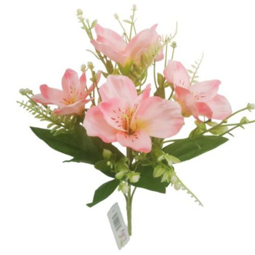 31cm Pink Alstromeria and Fern Bush - Artificial Flower