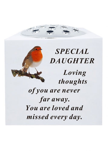 Daughter White Robin Memorial Rose Bowl Flower Vase – Grave Plaque Tribute Ornament