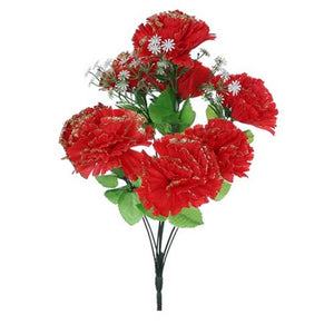 30cm Red Carnation Bush with Gold Glitter (8 Heads)  - Christmas Artificial Xmas Flower (XB26)