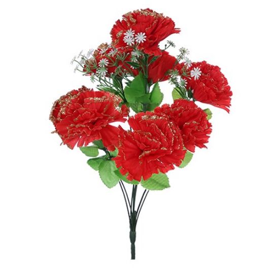 30cm Red Carnation Bush with Gold Glitter (8 Heads)  - Christmas Artificial Xmas Flower (XB26)