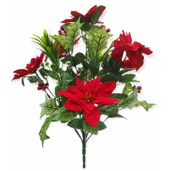 44cm Red Poinsettia and Holly Bush - Christmas Artificial Xmas Flower