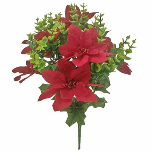 43cm Red Poinsettia Berry and Eucalyptus Bush - Christmas Artificial Xmas Flower