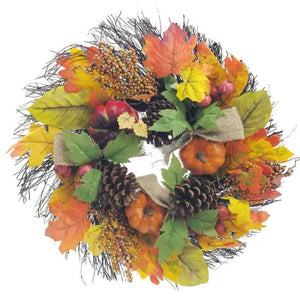 46cm (18") Maple Leaf Pumpkins and Cones - Autumn Rattan Grape Vine Wicker Wreath