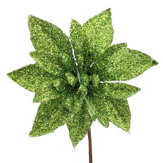 48 x 12cm Green Single Glittered Poinsettia Picks - FULL BOX