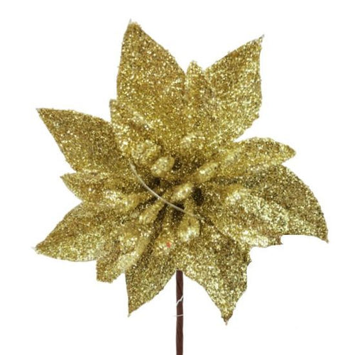48 x 12cm Gold Single Glittered Poinsettia Picks - FULL BOX