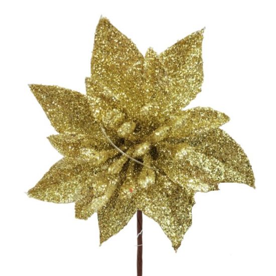 48 x 12cm Gold Single Glittered Poinsettia Picks - FULL BOX