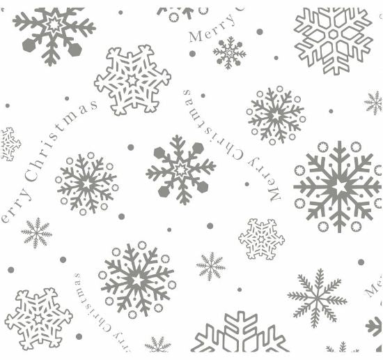 Merry Christmas Snowflakes Metalic Silver Film Cellophane - 80cm x 100m - LARGE ITEM