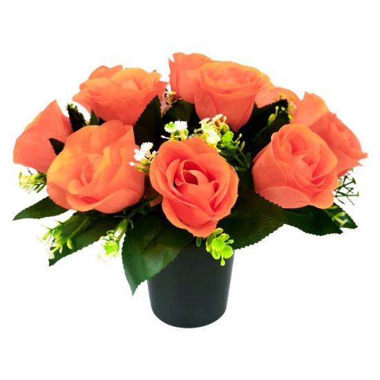 Rose, Gyp and Foliage Memorial Grave Pot - Orange