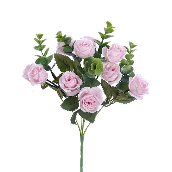 28cm Pink Mini Rosebud Bush with Eucalyptus - Artificial Flower