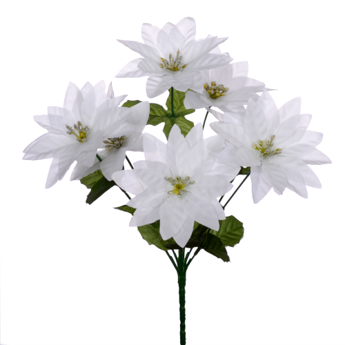 34cm White Poinsettia Bush - 7 Heads - Christmas Artificial Xmas Flower