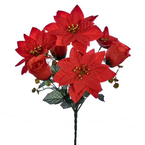 30cm Red/Gold Poinsettia and Rosebud Bush - Christmas Artificial Xmas Flower