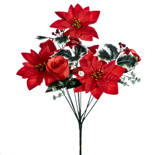 30cm Red/Gold Poinsettia and Rosebud Bush with Holly - Christmas Artificial Xmas Flower