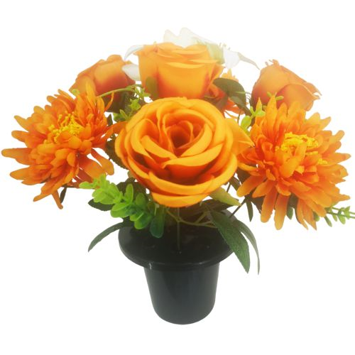 Chrysanthemum & Roses Memorial Grave Pot - Orange and Ivory