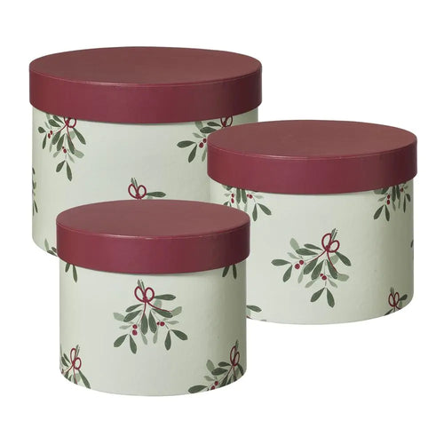 Set of 3 - Oasis Lined Round Christmas Hat Box Boxes - Mistletoe Design