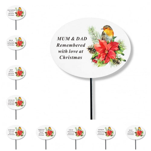 White Christmas Robin Poinsettia Memorial Stick Xmas Tribute Spike Grave Stake