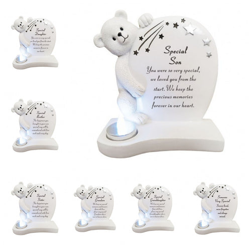 Teddy Plaque with Silver Candle Graveside Child Baby Memorial Ornament Tribute