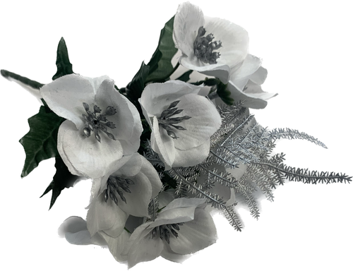 28cm White & Silver Christmas Rose and fern Bush Bunch - Christmas Xmas Artificial Greenery
