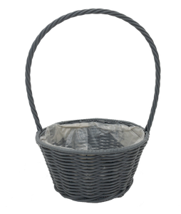 23cm Grey Round Planting Basket Plastic Lined with Handle