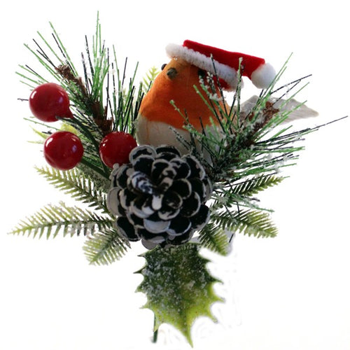 Robin Pick with Santa Hat Cone and Berries - Christmas Artificial Xmas Wreath