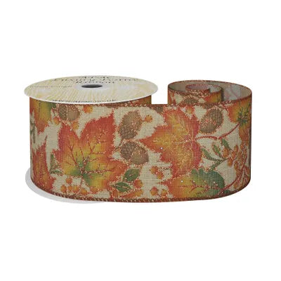 63mm x 10y Natural Ribbon with Autumn Leaf & Acorn