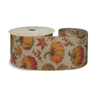 63mm x 10y Natural Ribbon with Autumn Pumpkin