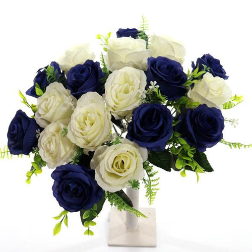 40cm Large Dark Blue / Ivory Rosebud Bunch - 18 Heads