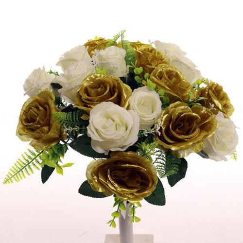 40cm Large White / Gold Rosebud Bunch - 18 Heads