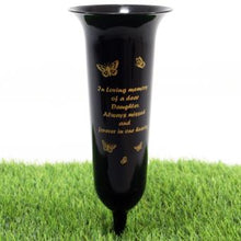 Load image into Gallery viewer, Black White Memorial Graveside Spike Flute - Butterfly Design - Fresh or Artificial Flowers