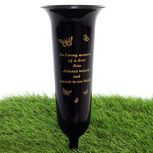 Load image into Gallery viewer, Black White Memorial Graveside Spike Flute - Butterfly Design - Fresh or Artificial Flowers