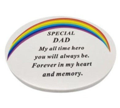 Dad - Memorial Oval White Graveside Plaque With Rainbow Detail