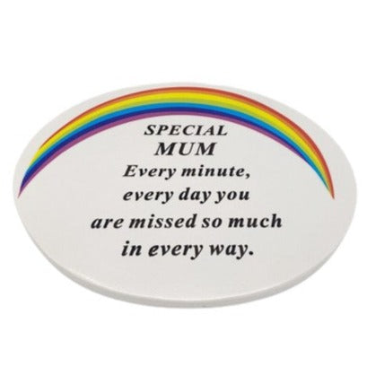 Mum - Memorial Oval White Graveside Plaque With Rainbow Detail