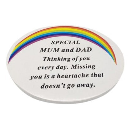Mum and Dad - Memorial Oval White Graveside Plaque With Rainbow Detail