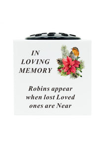 White Plastic Robin Memorial Rose Bowl Flower Vase Grave Plaque Tribute Ornament