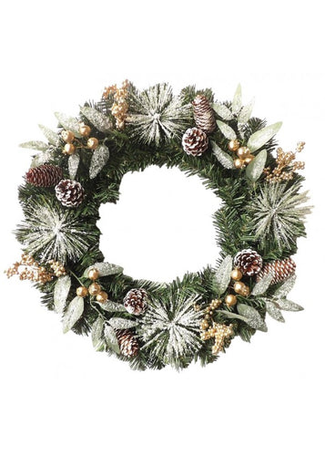 50cm (20 inch) Gold And White Frosted Hanging Christmas Wreath - Christmas Artificial Xmas