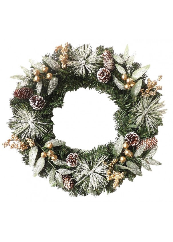 50cm (20 inch) Gold And White Frosted Hanging Christmas Wreath - Christmas Artificial Xmas
