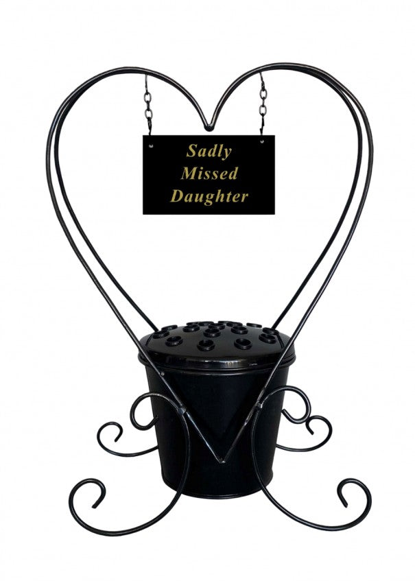 Black Heart Metal Memorial Planter with Flower Insert Pot and Name Plaque.