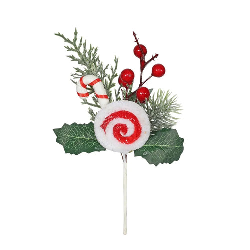 22cm Candy Pick with Foliage & Berries - Christmas Wreath Decoration