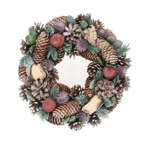 30cm Green/Lilac Cone and Red Apple Boxed Wreath -  Christmas Artificial Xmas