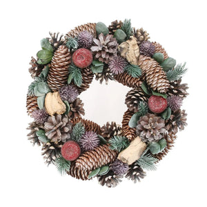 30cm Green/Lilac Cone and Red Apple Boxed Wreath -  Christmas Artificial Xmas