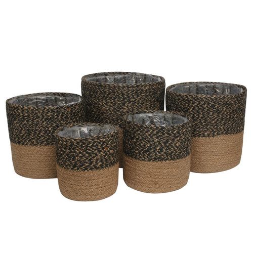 5 different sizes - Two-Tone Black & Natural Jute Braided Rope Basket with Liner.
