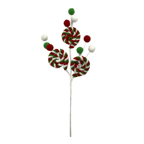 40cm Candy Swirl and Pom Pom Spray Pick - Christmas Wreath Decoration