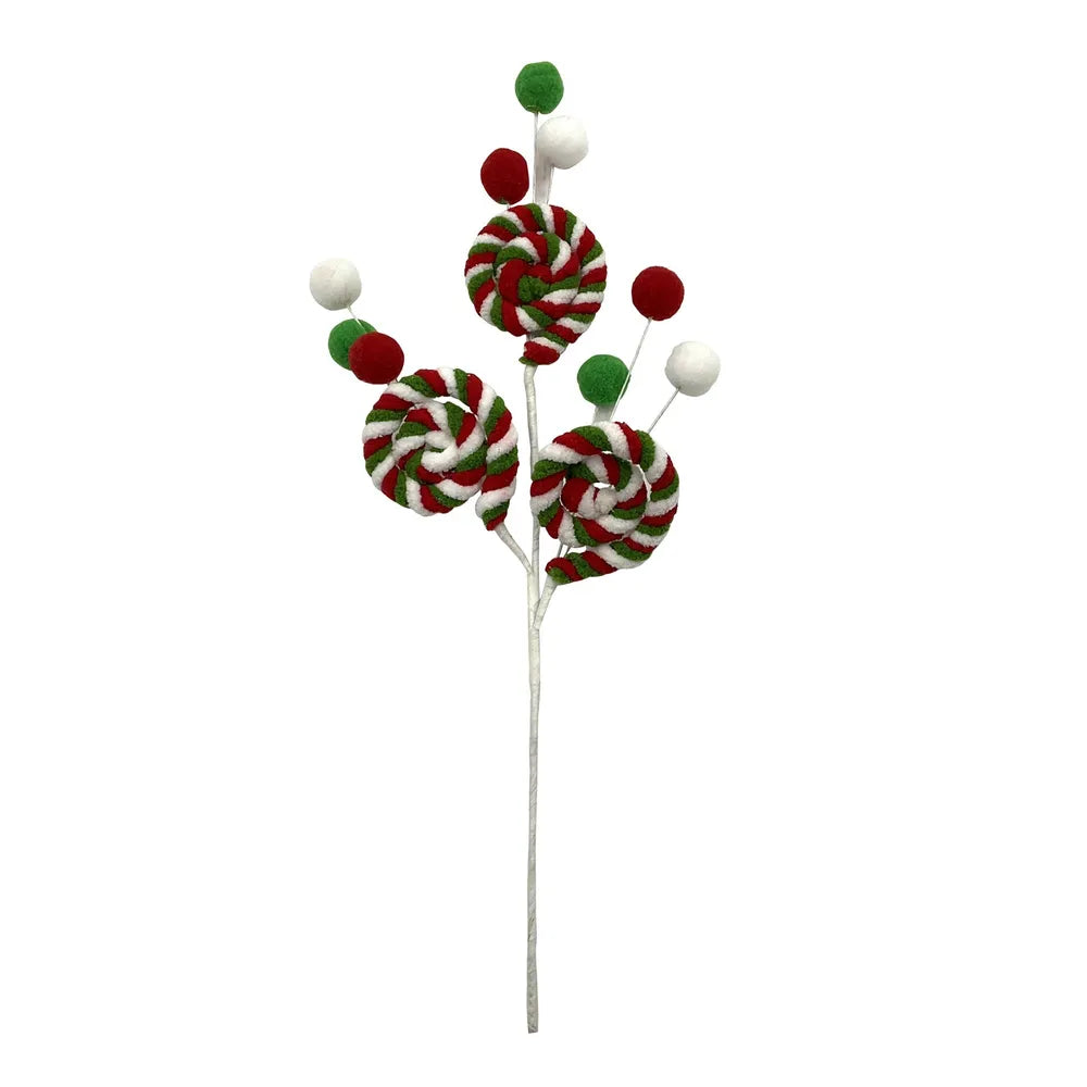 40cm Candy Swirl and Pom Pom Spray Pick - Christmas Wreath Decoration