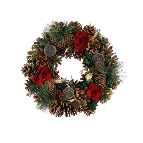 30cm Red Flower Natural Lotus Head Boxed Wreath -  Christmas Artificial Xmas
