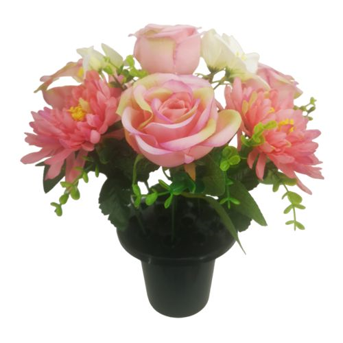 Chrysanthemum & Roses Memorial Grave Pot - Pink and Ivory