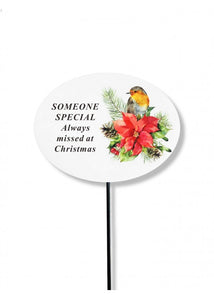 White Christmas Robin Poinsettia Memorial Stick Xmas Tribute Spike Grave Stake