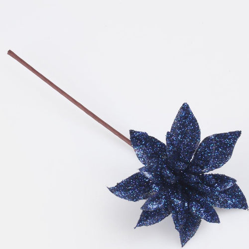 Bag of 12 x 14cm Blue Glitter Poinsettia Picks - Artificial Single Stem - Christmas Wreath (XB12)