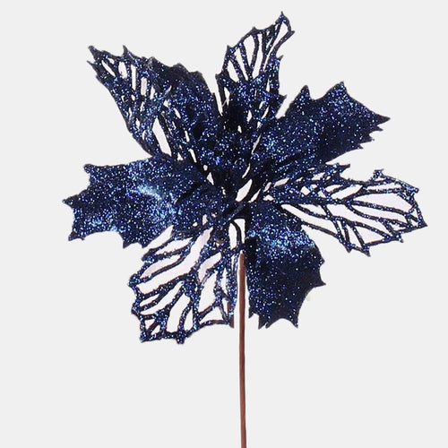 Bag of 12 x 17cm Large Blue Glitter Poinsettia Picks - Artificial Single Stem - Christmas Wreath (XB12)