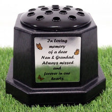 Load image into Gallery viewer, Memorial Grave Flower Pot Vase Hex Graveside Black Insert - INCLUDES FREE STICKER