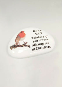 White Robin Pebble Christmas Memorial Tribute - Xmas Tree Plaque Verse Graveside