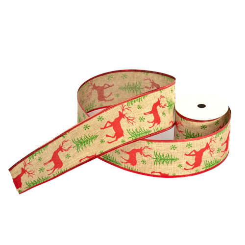10yds Natural Red Green Tree and Reindeer Wired Edge Christmas Ribbon